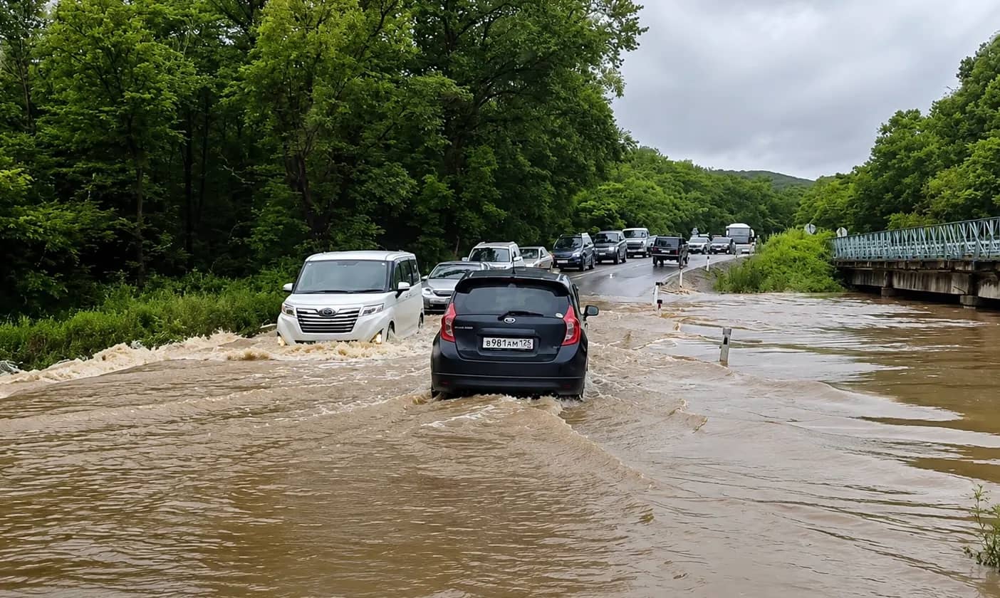 Подтопление объезда аварийного моста парализовало трассу в районе Фокино